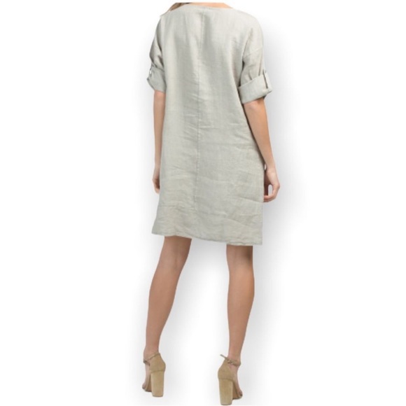 Rosemarie Made In Italy 100% Linen Taupe Minimalist Roll Tab Sleeve Dress M - Picture 2 of 10